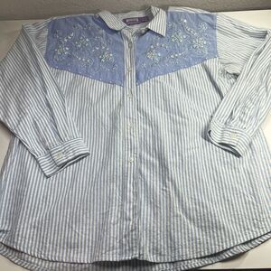 Vtg Premier Western Shirt Womens 2XL Blue White Pearl beading Embroidered Floral